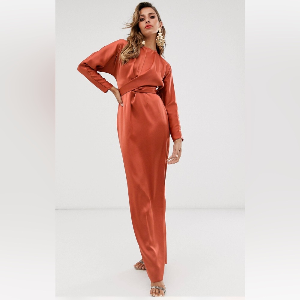 ASOS satin maxi dress with batwing sleeve and wrap waist in rust SIZE US 2